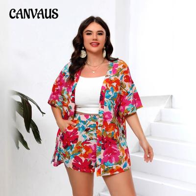 Elegantes Hemd mit kurzem Arm und Urlaubsdruck für Damen in Übergröße, zweiteilig