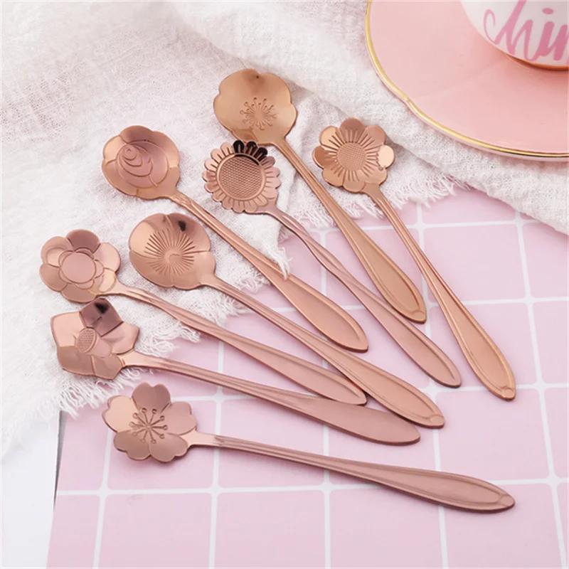 8pcs Stainless Steel Cherry Rose Flower Gold Scoop Coffee Spoon Gifts Kitchen Dessert Tea Accessories Tableware Decoration Set