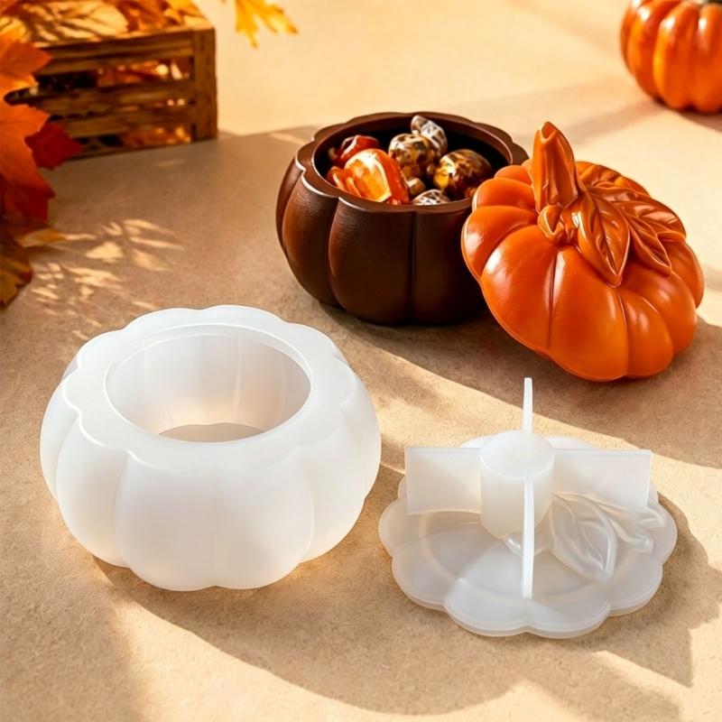 Herbst Kürbis Behälter Form mit passendem Deckel, Flexible Silikon Gießform für Dekorative Box Bastelarbeiten, Kerzenherstellung und Seifen Design Projekte
