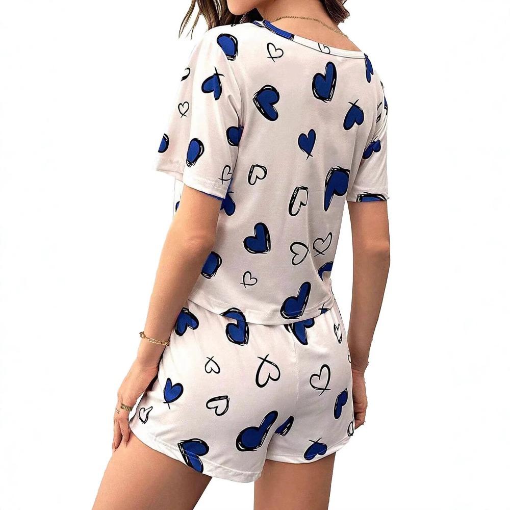 Women's Loose Fit Loungewear Set Short Sleeve Heart Print Top Elastic Waist Shorts