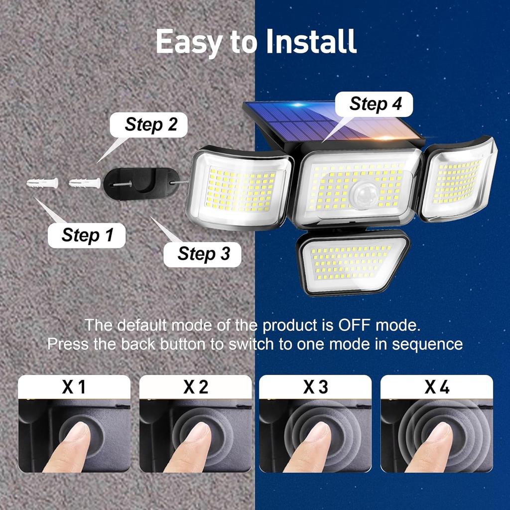 278LED Solar Lights with Motion Sensor Light 4 Mode Outdoor Waterproof 4 Head Solar Security Floodlights for Yard Garden Garage