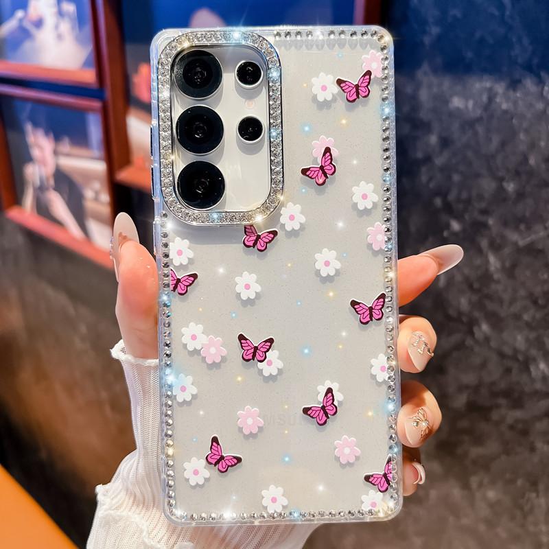 The Flash Diamond Frame Is Suitable for Samsung S25Ultra Mobile Phone Case, Painted Flower Butterfly Mirror Holder, New A56 Case.