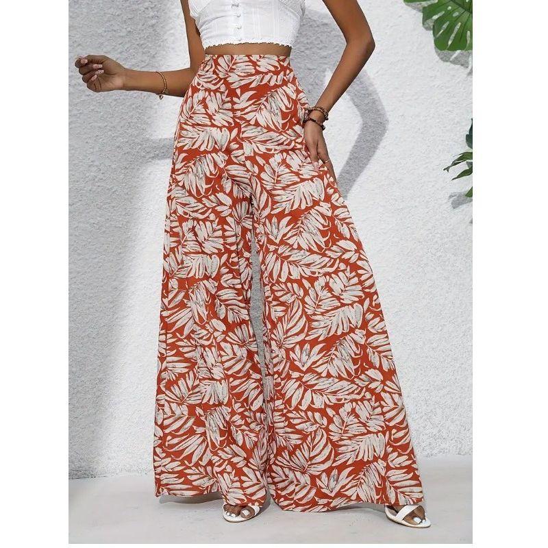 Cross-Border Bohemian Style Autumn New Fashion Leaves Print Loose Casual Elastic High Waist Wide Leg Pants Trousers