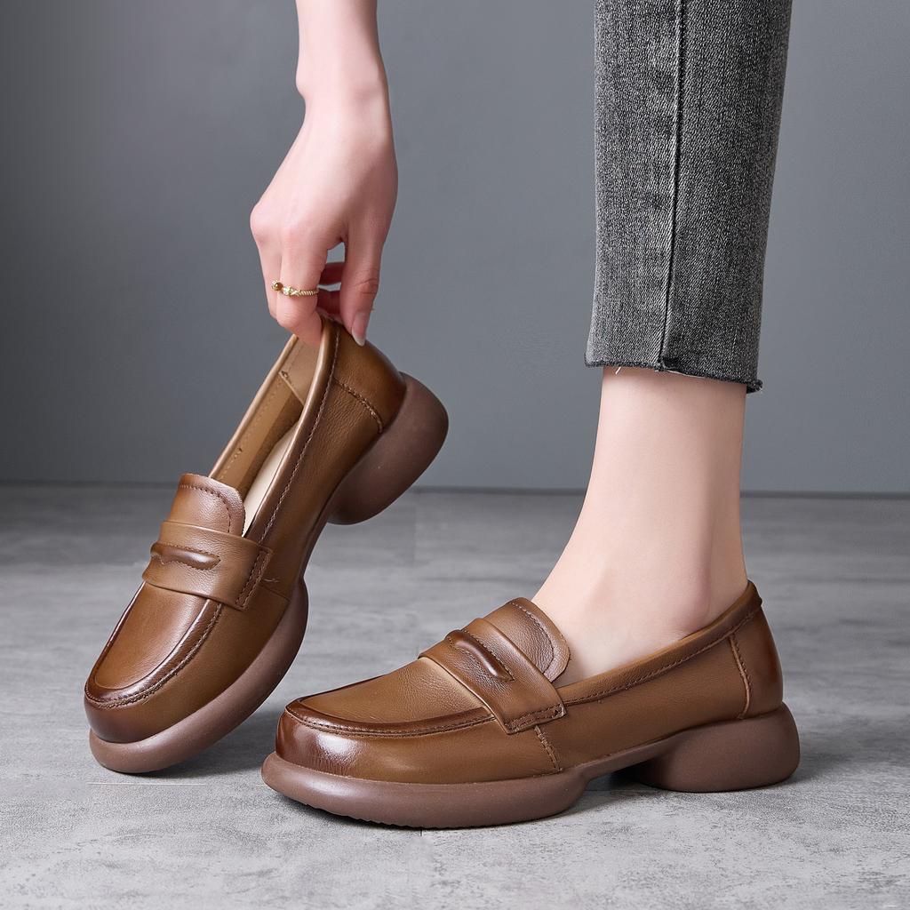 Spring new thick heel casual leather shoes women's soft surface rubber sole one pedal versatile small leather shoes women