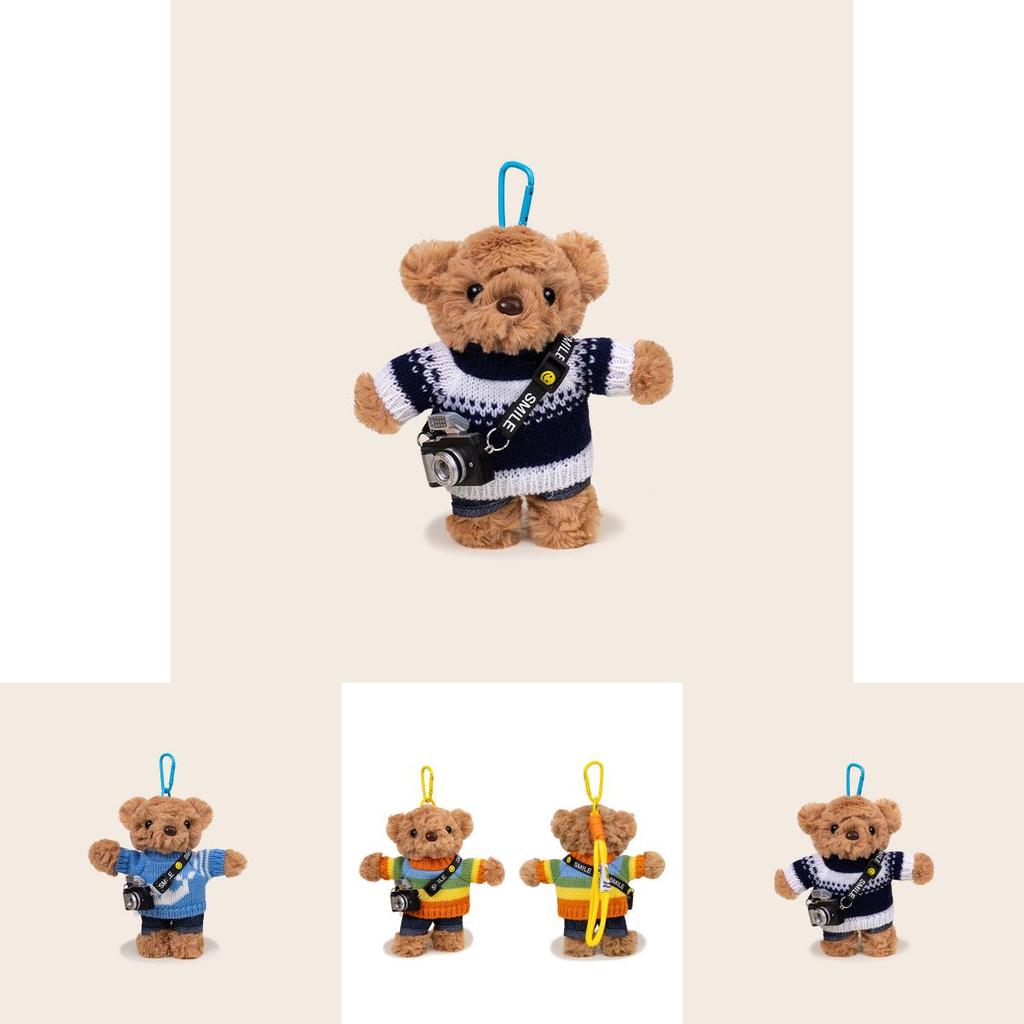 Portachiavi Peluche Orso con Maglione e Fotocamera, Design per Decorazione Zaino e Regalo