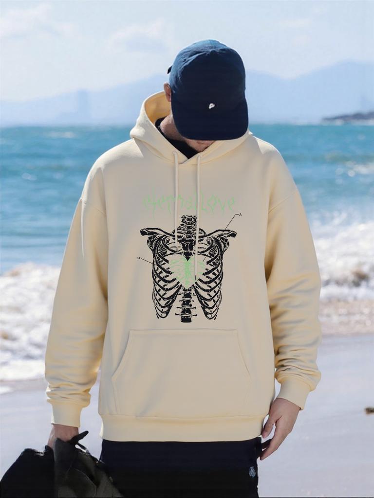 Love Heart Skeleton Print Men Hoody Comfortable Loose Hoodies All-Match Pocket Man Pullovers Fleece Autumn Unisex Sportswear