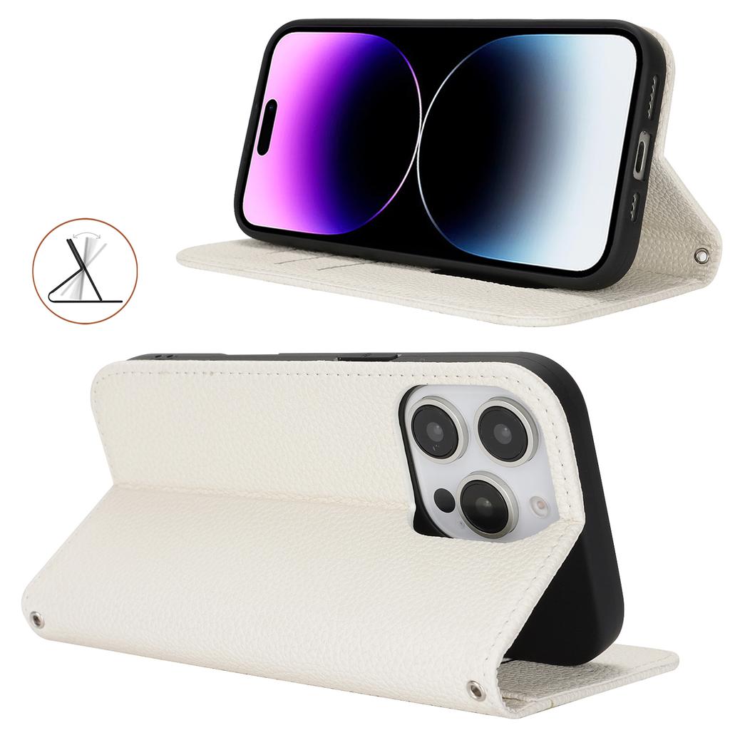 Stand Case for iPhone 14 Pro Max Litchi Texture Leather Flip Phone Cover with Strap/Wallet