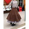 Plus-Size Women's Brown Corduroy Patchwork Plaid Ruffle Skirt – Spring/Autumn Long Hem with Drawstring