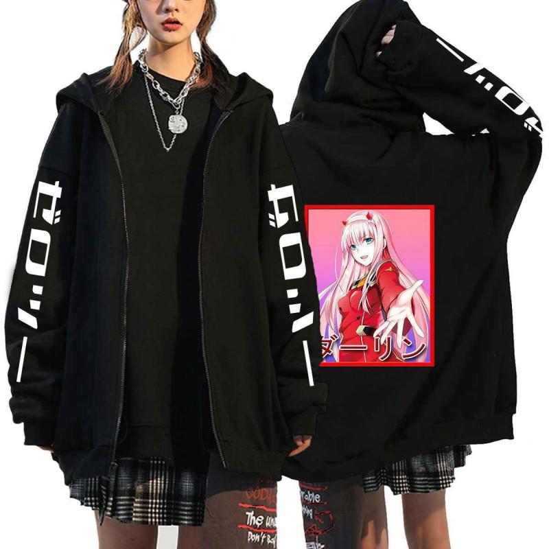 Mens Anime Zero Two Darling In Franxx Printed Fleece Lined Hooded Sweatshirt Casual Long Sleeve Pullover