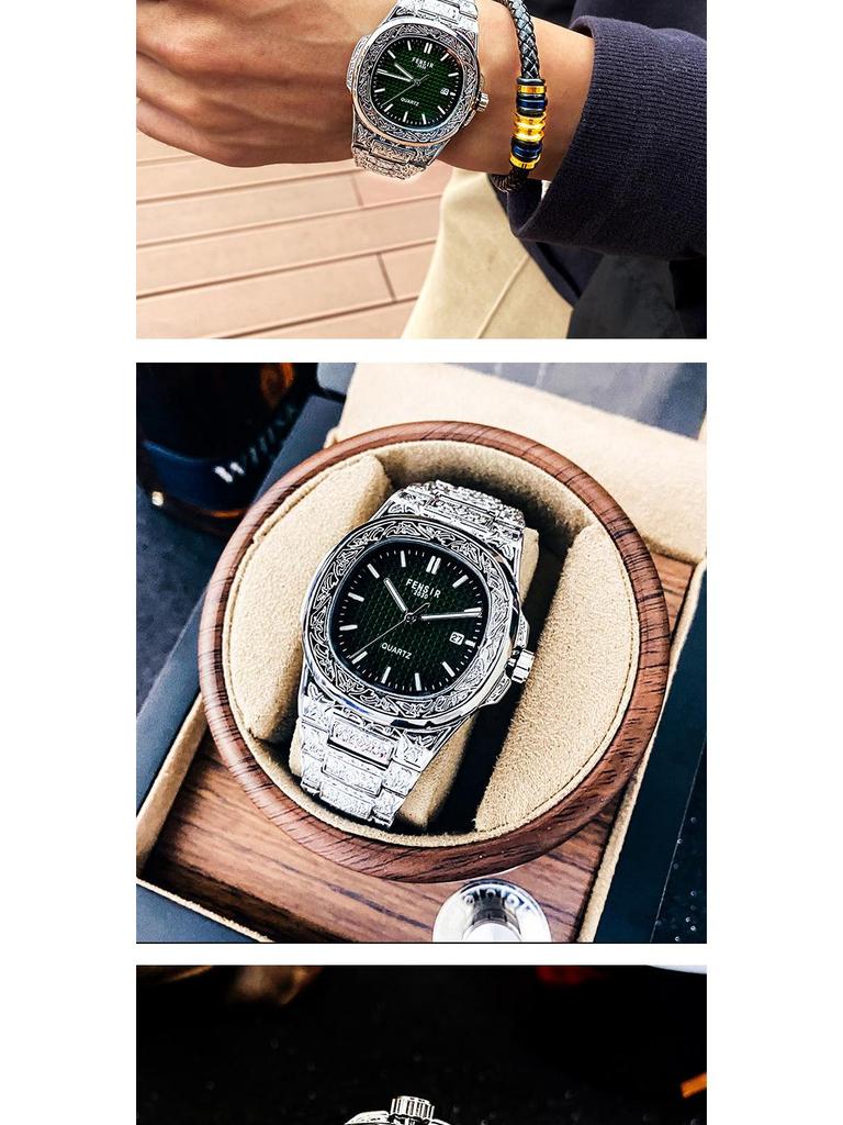 FENSIR Engraved Mesh Men's Retro Calendar Quartz Watch In European and American Style