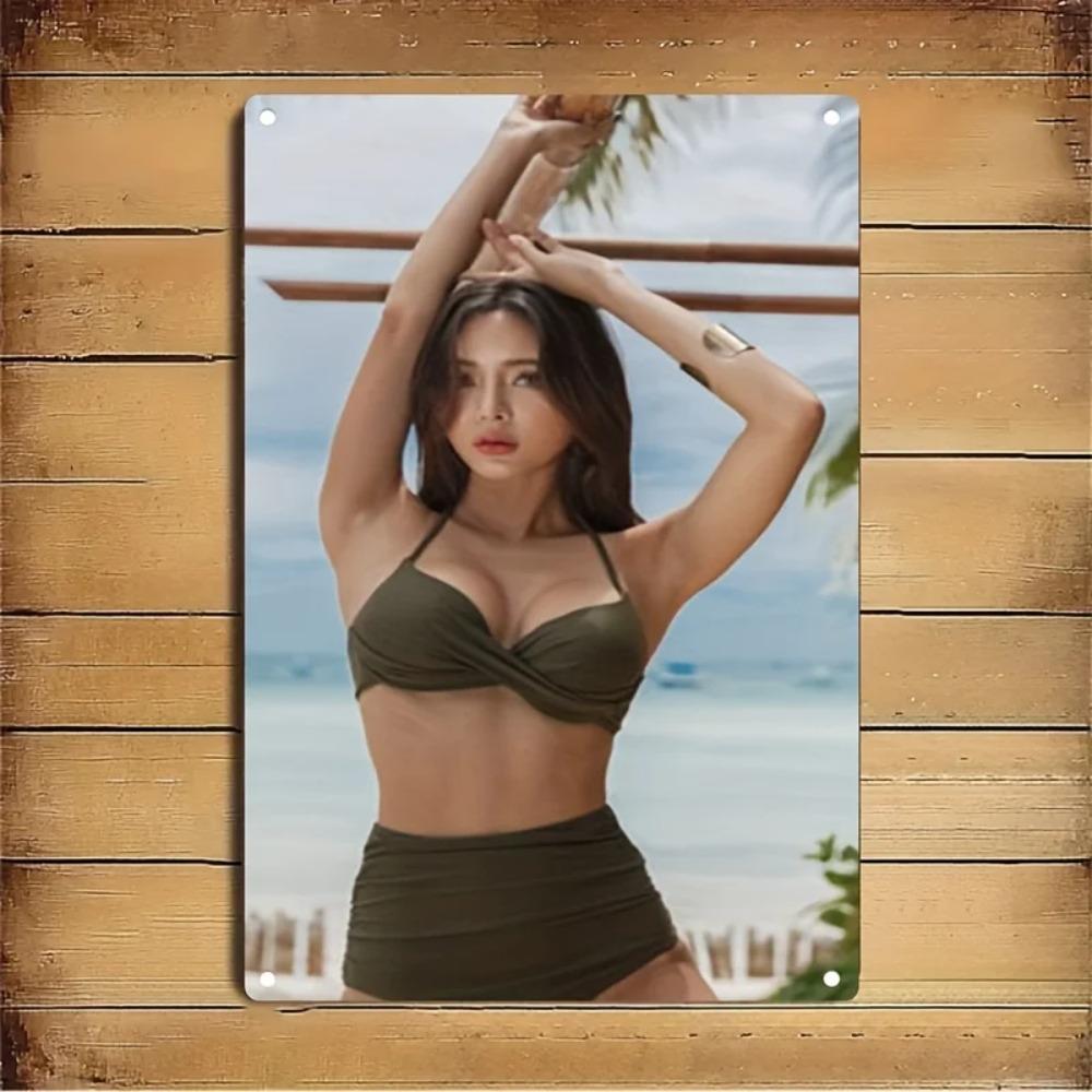 

Metal Wall Art with Iron Frame Tropical Bikini Girl Sign Turquoise Gold Home Decor 20x30cm