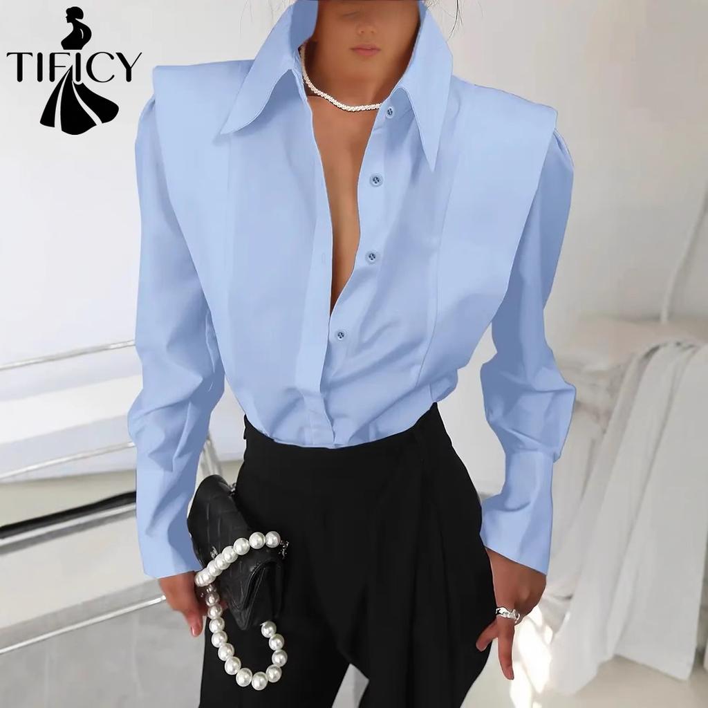 TIFICY Camicette e camicie con collo a polo a maniche lunghe con stampa tinta unita primavera autunno moda casual da donna