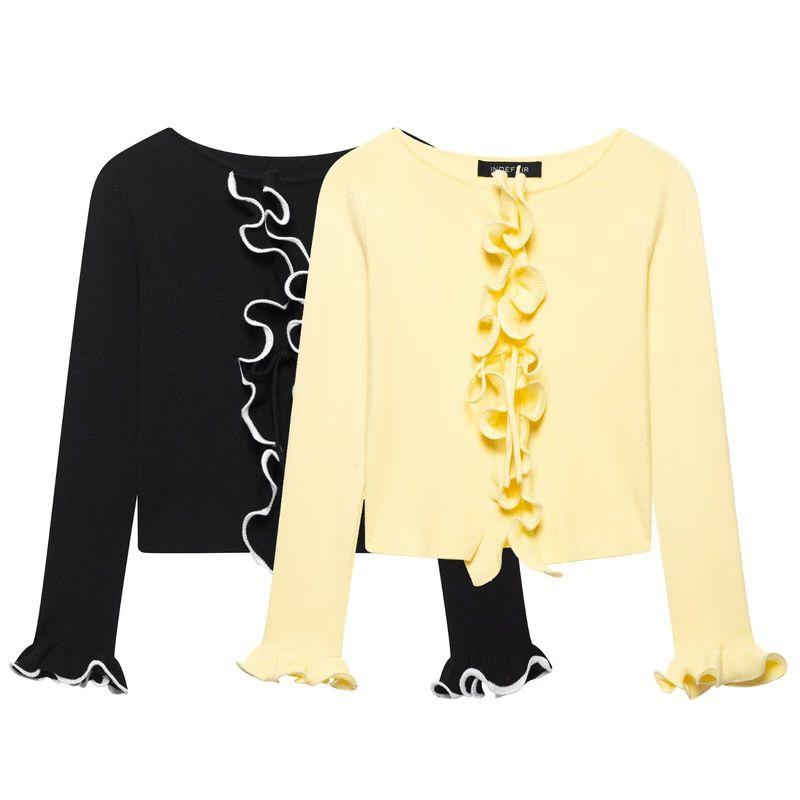 Zbzr Spring New Women Clothes Western Style Lace Patchwork Contrast Color Long Sleeve Knit Cardigan Slimming Short Top