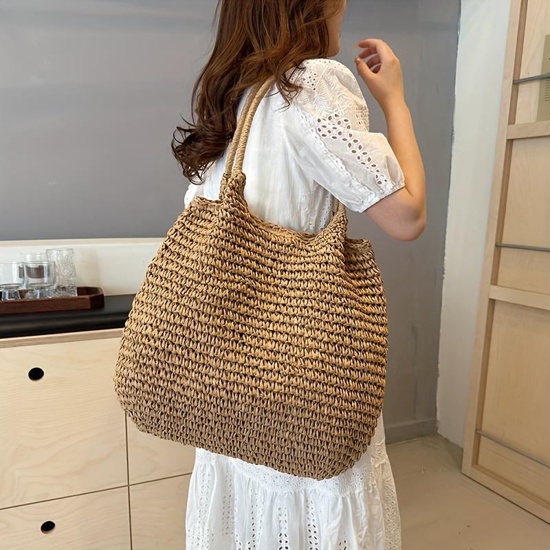 Summer Paper Straw Bag Women Woven Tote Casual Beach Shoulder Handbag Vacation Ladies Travel Shopping Purse