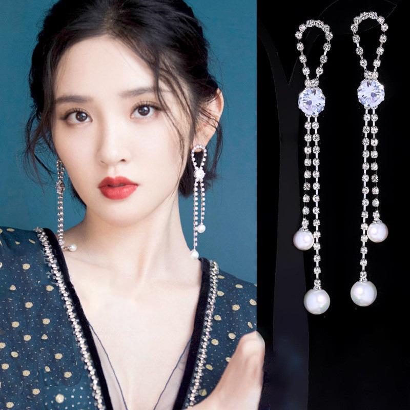 

111 silver needle super flash tassel long earrings femininity Internet celebrity zircon stud earrings high sense fashion light luxury earrings 925 silver needle