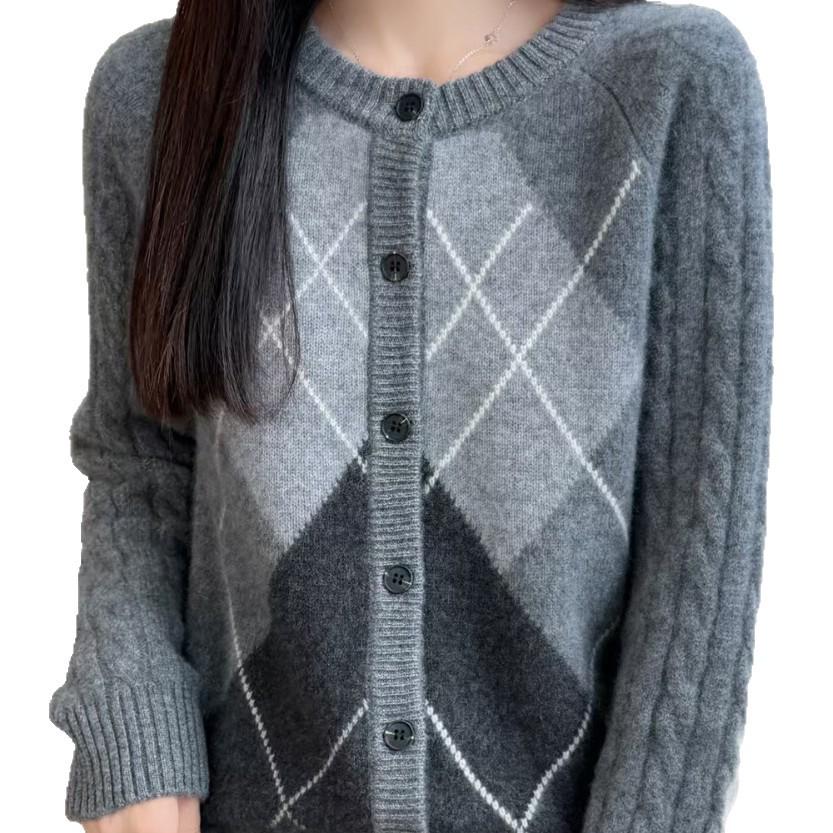 Diamond Pattern 100% Pure Wool Retro Knit Cardigan for Women - Warm, Soft, Skin-friendly, Versatile for Autumn and Winter