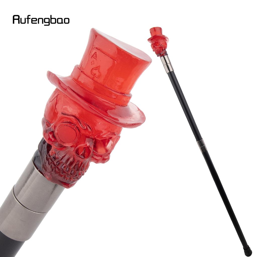 Red Hat Transparent Resin Skull Head Walking Cane Fashion Decorative Steel Stick Gentleman Performance Stage Cane 93cm