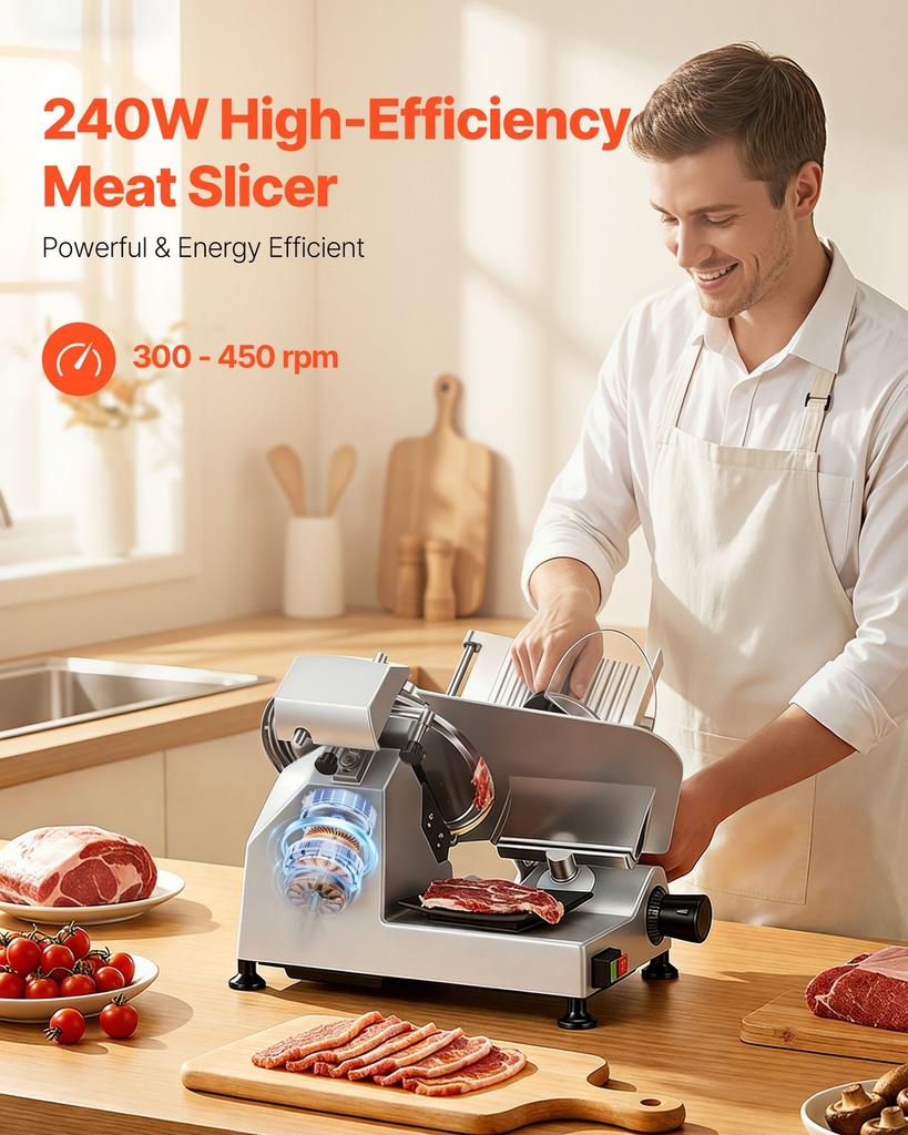 Commercial Meat Slicer, 240W Electric Deli Food Slicer with 250mm Carbon Steel Blade, Built-In Sharpener & 0-12mm Adjustable Thickness for Frozen