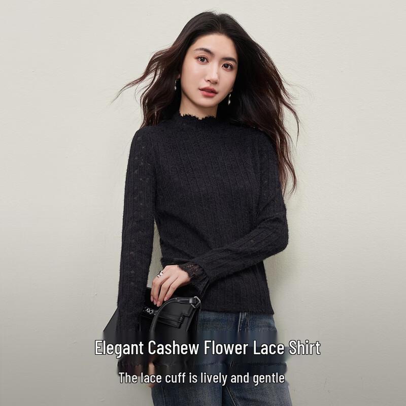 Women's Paisley Textured Lace Mock Neck Long Sleeve Top
