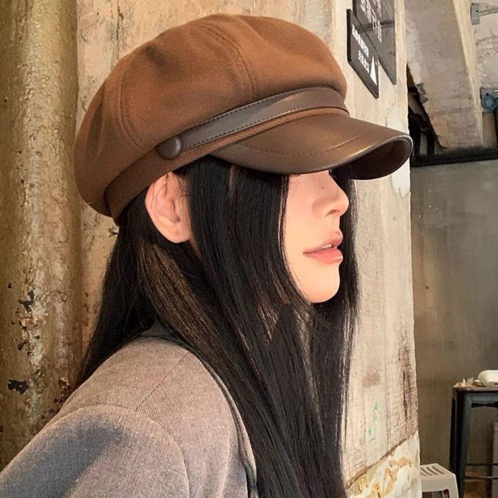 Casual Women's Beret Autumn Winter Painter Hat Fashion Pu Leather Beret  Girl
