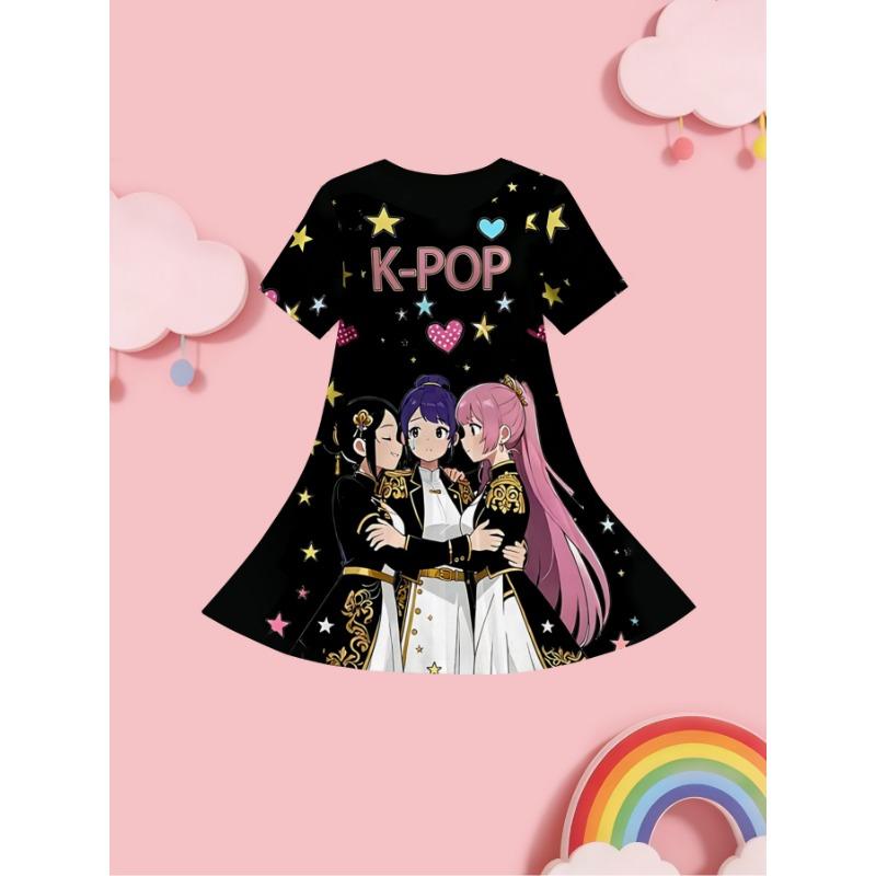 Girls' Summer Fashion Short-Sleeve Cute Casual Dress, 3D Printed Casual Dress
