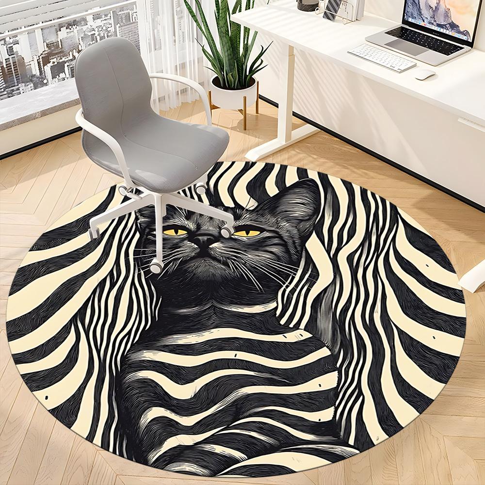 1pc Zebra Cat Office Round Area Rug, Indoor Mat Suitable ForOffice, Under Office Chairs Bedroom Living Room Home Decor, D108