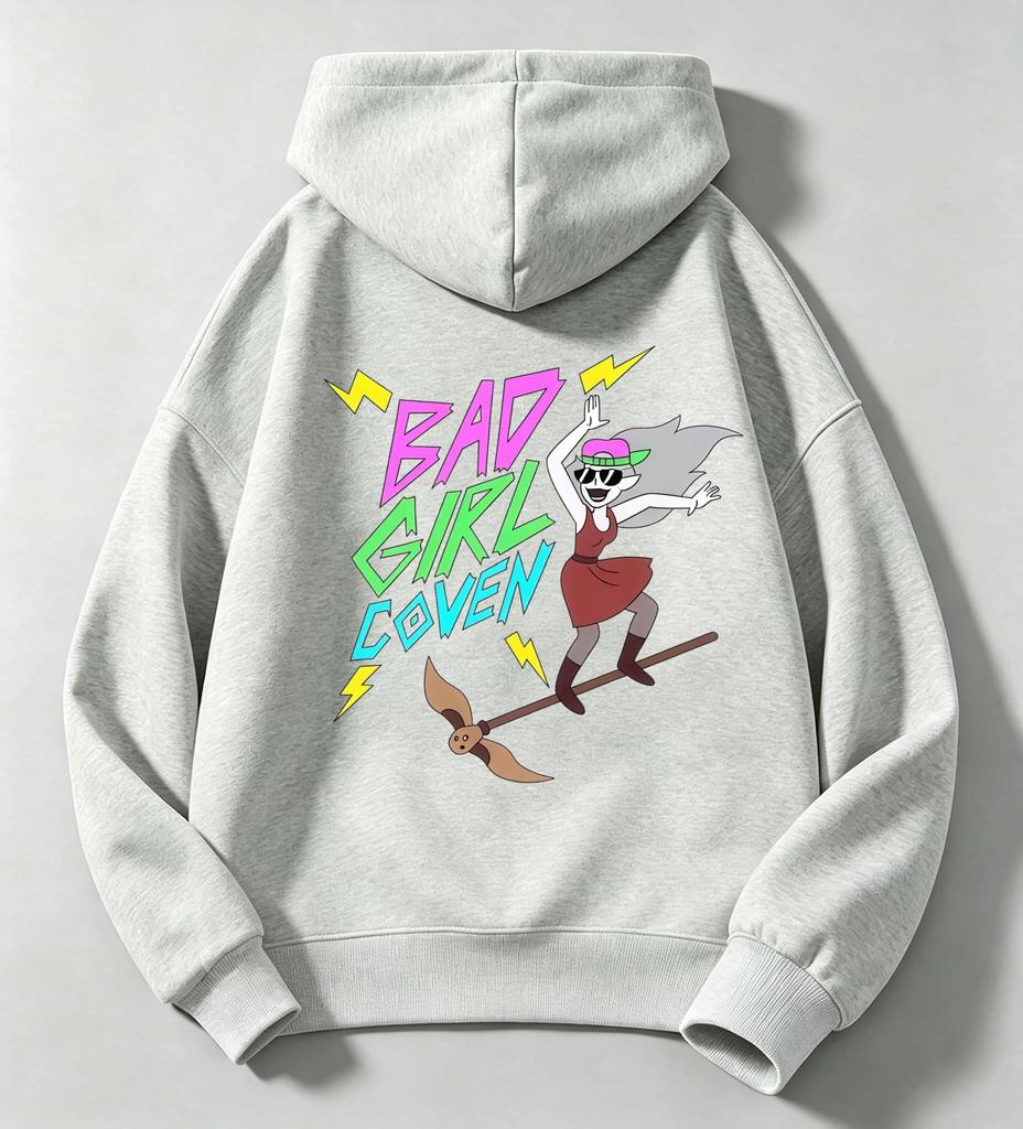 Latest color print of bad girl witch broom on children's hooded sweatshirt.Teenage loose oversized retro cartoon pullover hoodie