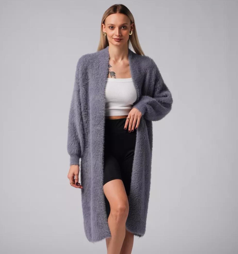 2024 Damen Herbst/Winter Strickjacke aus Faux-Nerz, Lockerer Midilanger Pullovermantel, Lässiger Stil