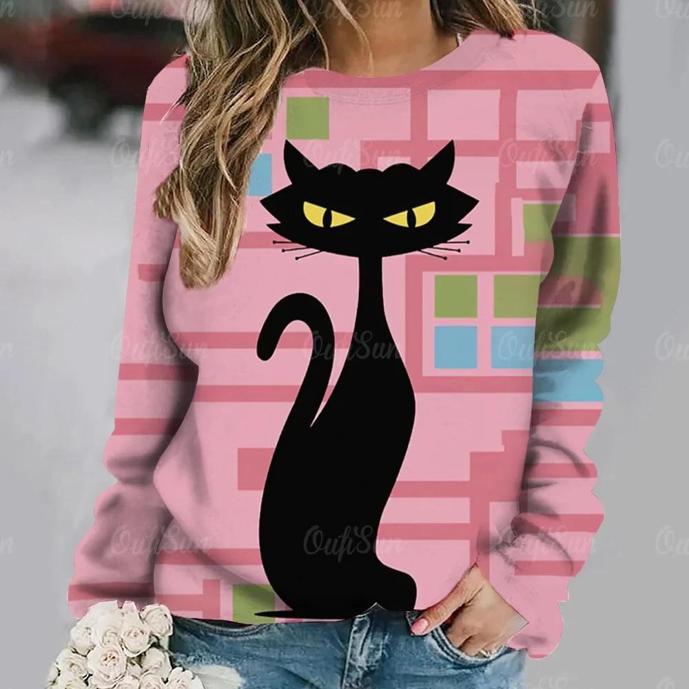 Dámské tričko Anime Kočičí potisk Topy s dlouhým rukávem Vintage svetr Bavlna s výstřihem do tvaru Y2k Dámské oblečení Oversized Street Pullover