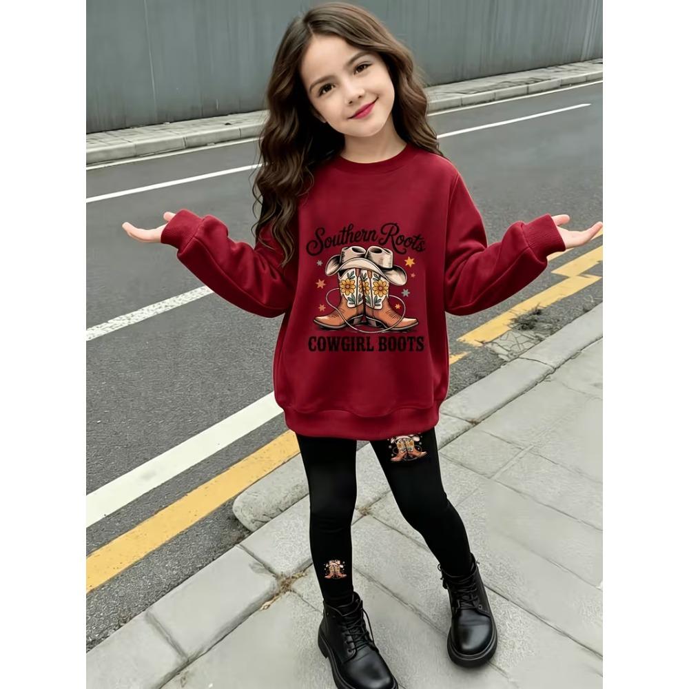 Girls' Cowboy Boots Casual Comfortable Soft Loose Pullover Sweatshirt and Leggings 2-Piece Set, New Autumn/Winter, Playful, Sweet and Cool Style