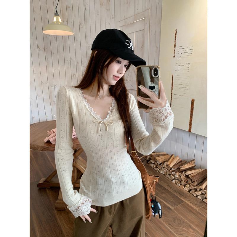 Bow lace collar tie pure desire slim Andy velvet knitted top women's autumn and winter bottoming shirt