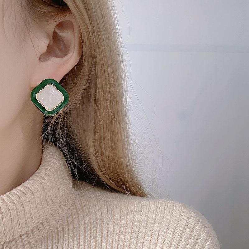 S911 Silver Needle 1010 New Geometric Rhombus Green Stud Earrings New Internet Celebrity Premium Earrings