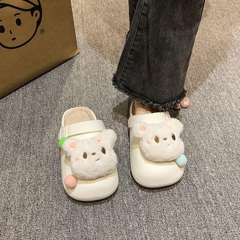 Cartoon butter bear thick-bottomed cotton slippers non-slip outer wear sweet and cute hairball bag head slippers women's 2025 autumn and winter new mo