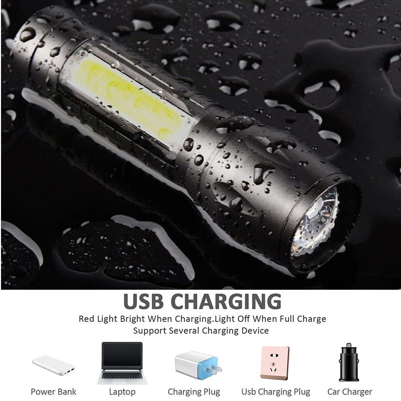 Outdoor Mini Portable T6 Flashlight USB Charging Small Flashlight Outdoor LED Camping Light Work Light with COB Side Lights