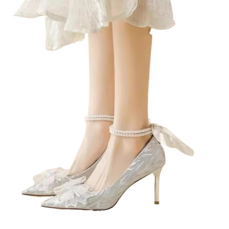 Bow High Heels Wedding Shoes Women's 2025 New Spring Bridesmaid Shoes Bride Shoes Stiletto Crystal Shoes French Single Shoes