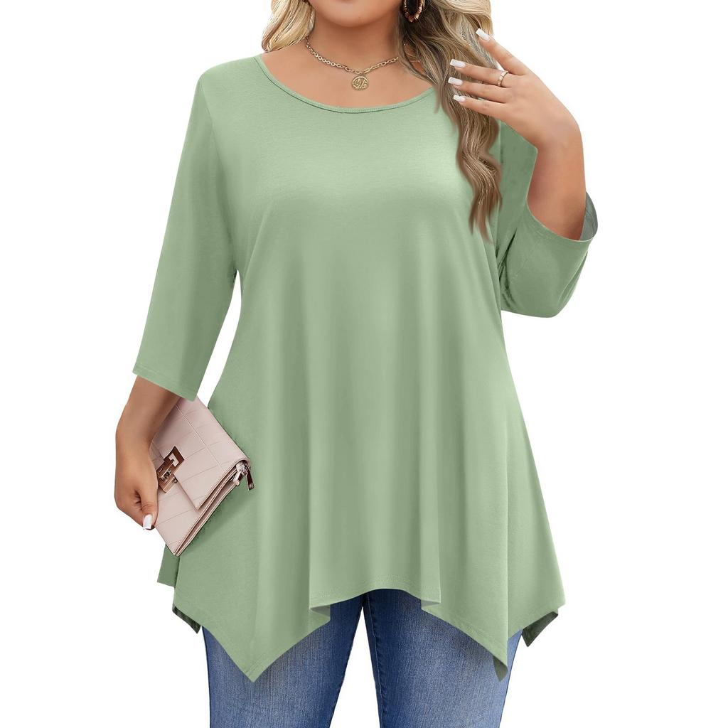 Womens Plus Size 3/4 Sleeve Shirts  Round Neck Tunic Tops Basic Loose Fit Tee Tops L-5XL