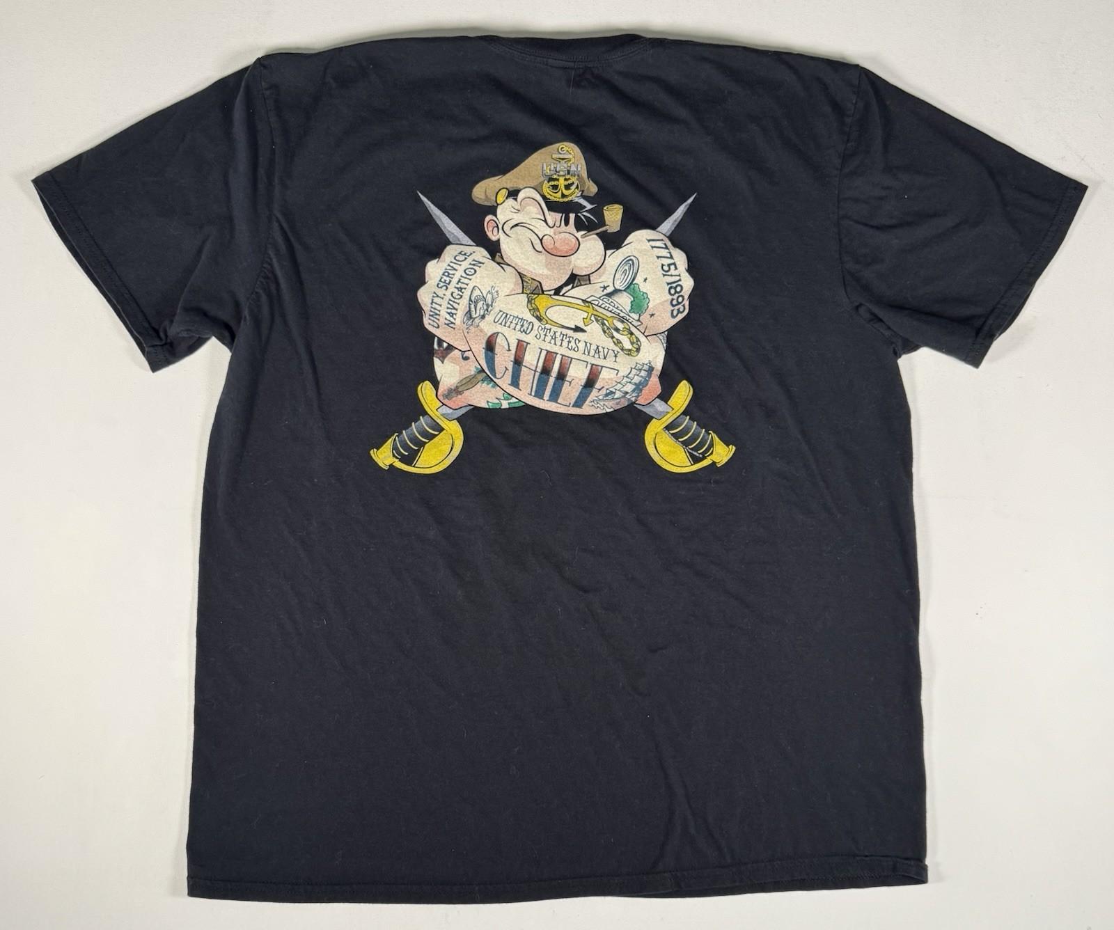 US Navy Chief Popeye Tattoo Graphic T Shirt Mens XL Black Double Sided Unisex T-Shirt XXXL
