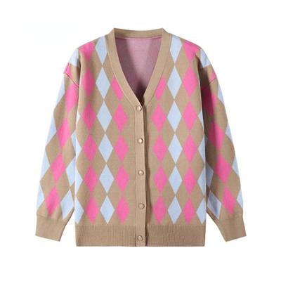 Women's Cardigans - Autumn Women Sweater Vintage Geometric Rhombic Cardigan Warm Loose Outerwear