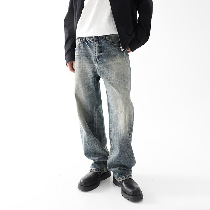 Old Gray and Blue Jeans Men's Casual Loose American Washing Wide-leg Pants