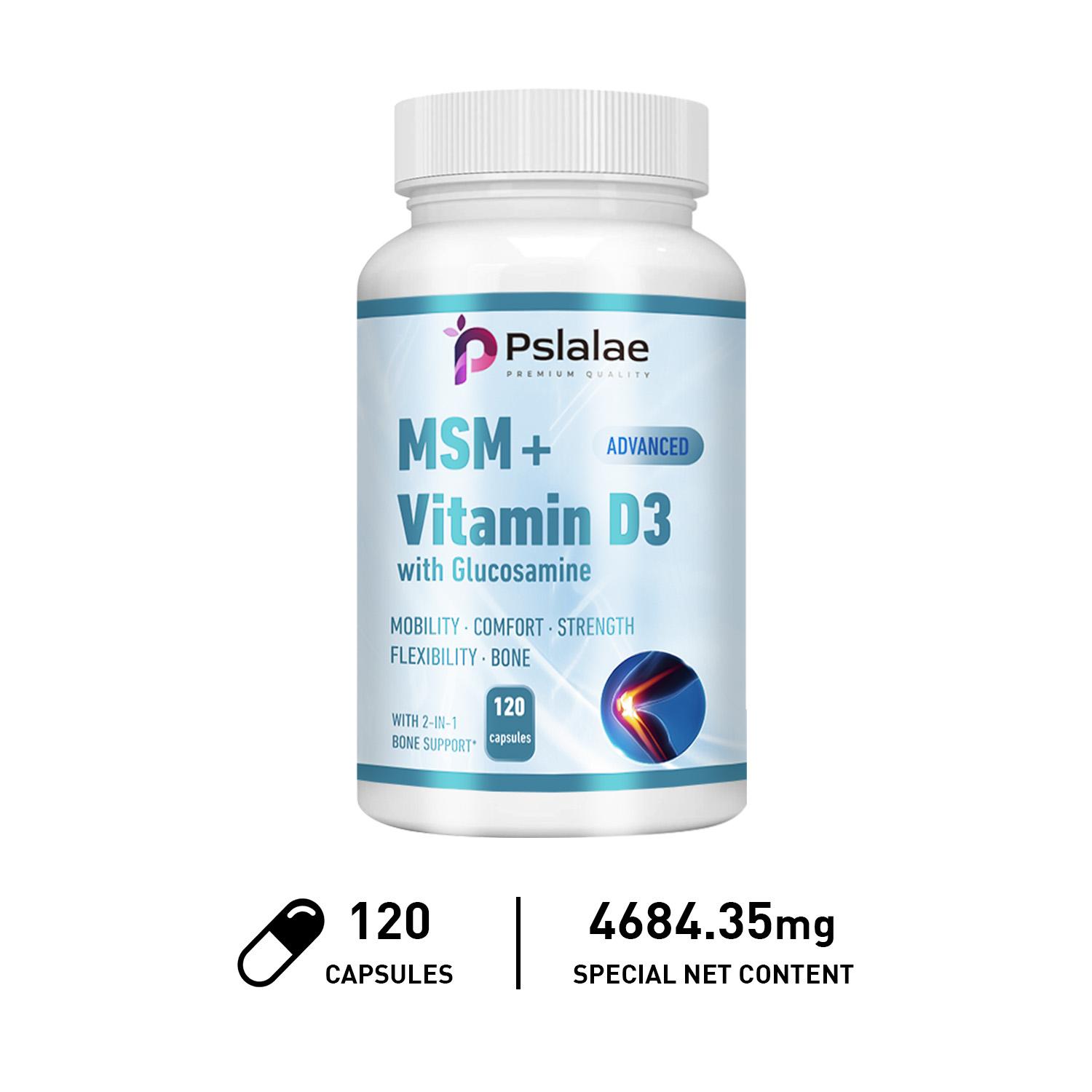 Pslalae MSM + Vitamin D3 Dietary Supplement, containing MSM, Vitamin D3, Glucosamine, and joint support. 120*1