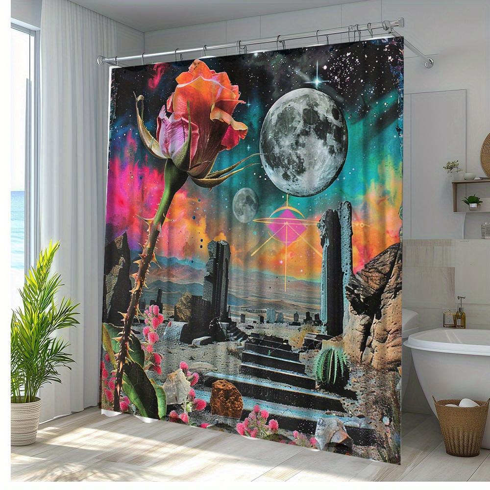1Pc Surreal Rose And Moon Shower Curtain With Cosmic Landscape, Vibrant Floral And Astral Design, Perfect For Bathroom Or Patio