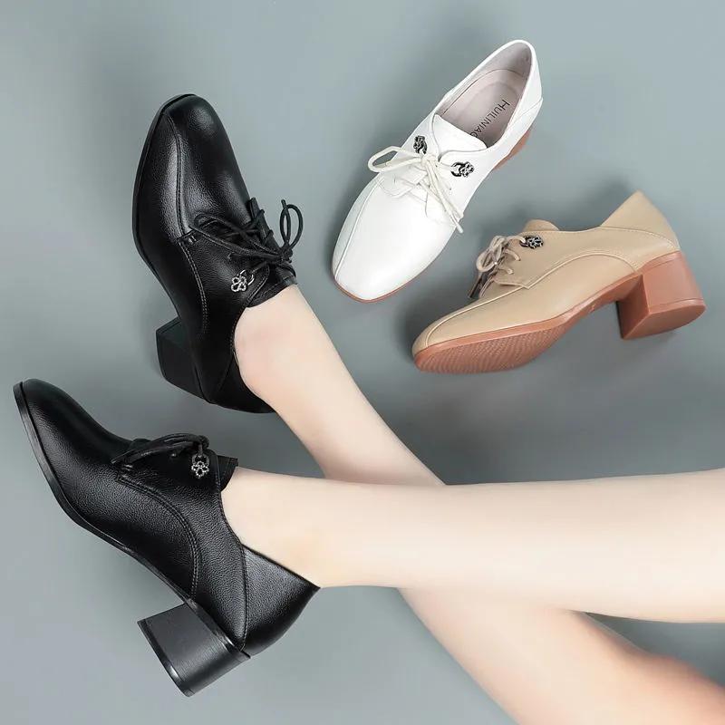 Single Shoes Women's Spring and Autumn Leather Shoes Thick-heeled Lazy Shoes
