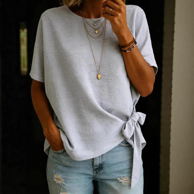 Women's new summer solid color short-sleeved hem knotted loose T-shirt top