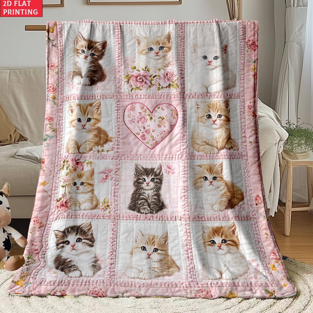 Pink cute kitten print throw blanket - Soft, warm, thick flannel coverlet suitable for all seasons and ideal for home naps and air conditioning use.