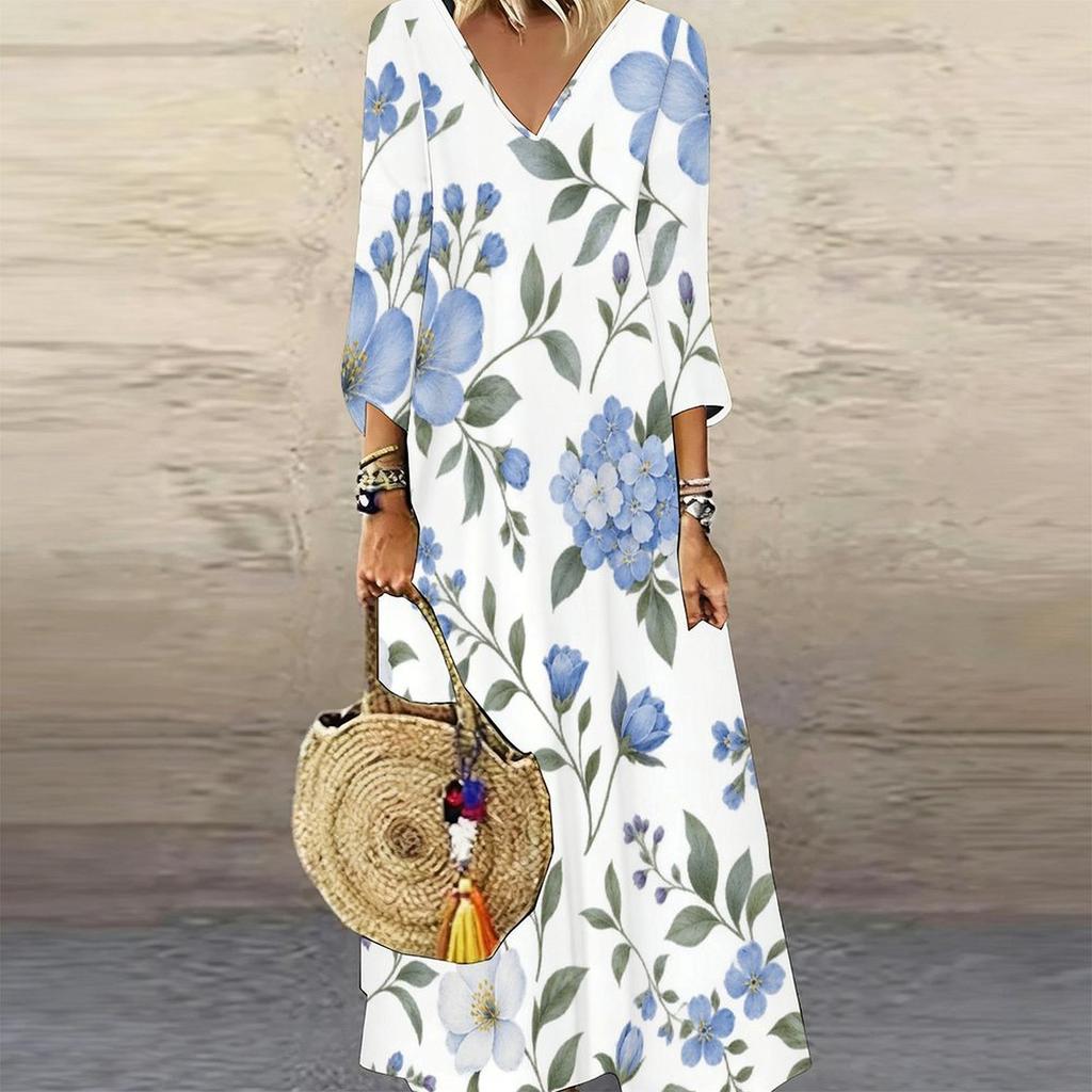 Women Plus Size V Neck Three Quarter Sleeve Floral Printed Long Maxi Dress