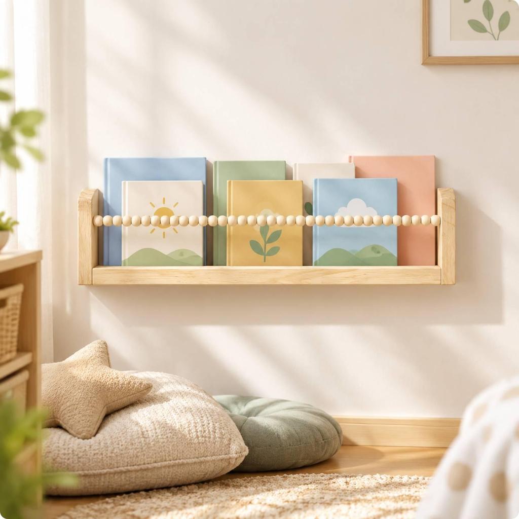 Wall-Mounted Wooden Storage Shelf Child-Friendly Wall with Bead