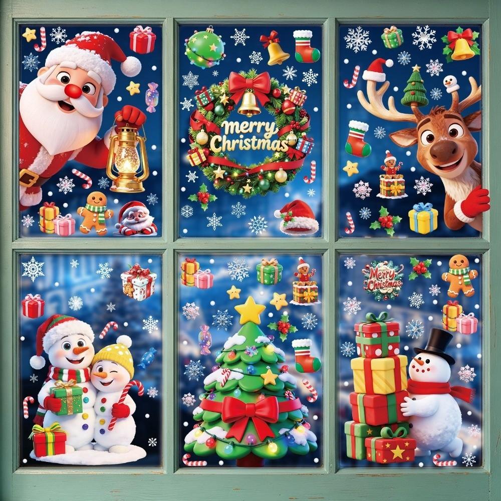Snowflake Santa Snowman Cartoon Santa Glass Decals Decorative Static Sticker Party Supplies