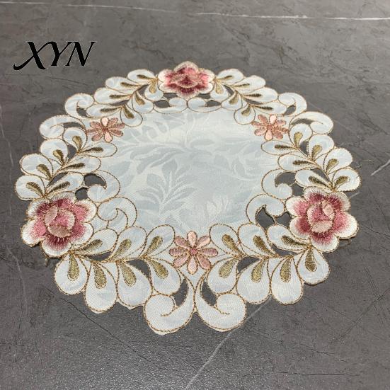Kitchen Table Accessory Embroidered Flower Placemat, Round Floral Coaster Heat Resistant Durable Fabric Placemat Protector Mat for Dining Cup