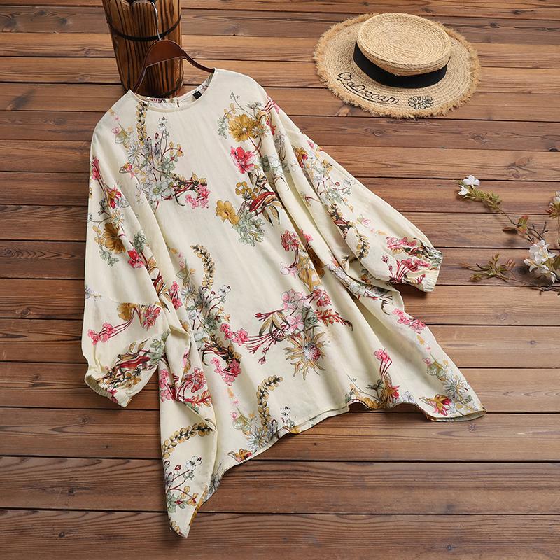 

ZANZEA Свободная повседневная женская блузка с круглым вырезом и длинным рукавом с цветочным принтом