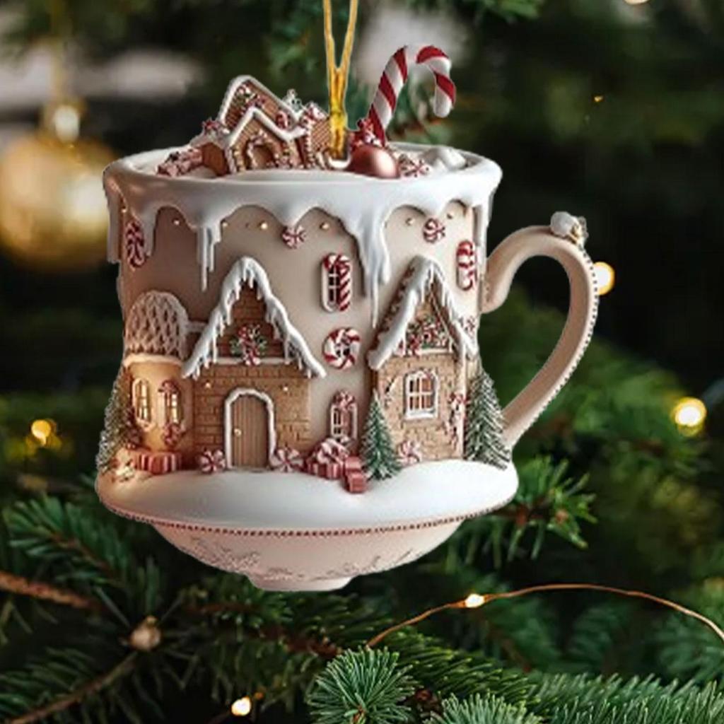 Coffee Cup Ornaments Christmas Tree Pendant 2D Acrylic Christmas Snow Houses Chocolate Mug Car Decor 2025 Xmas Navidad
